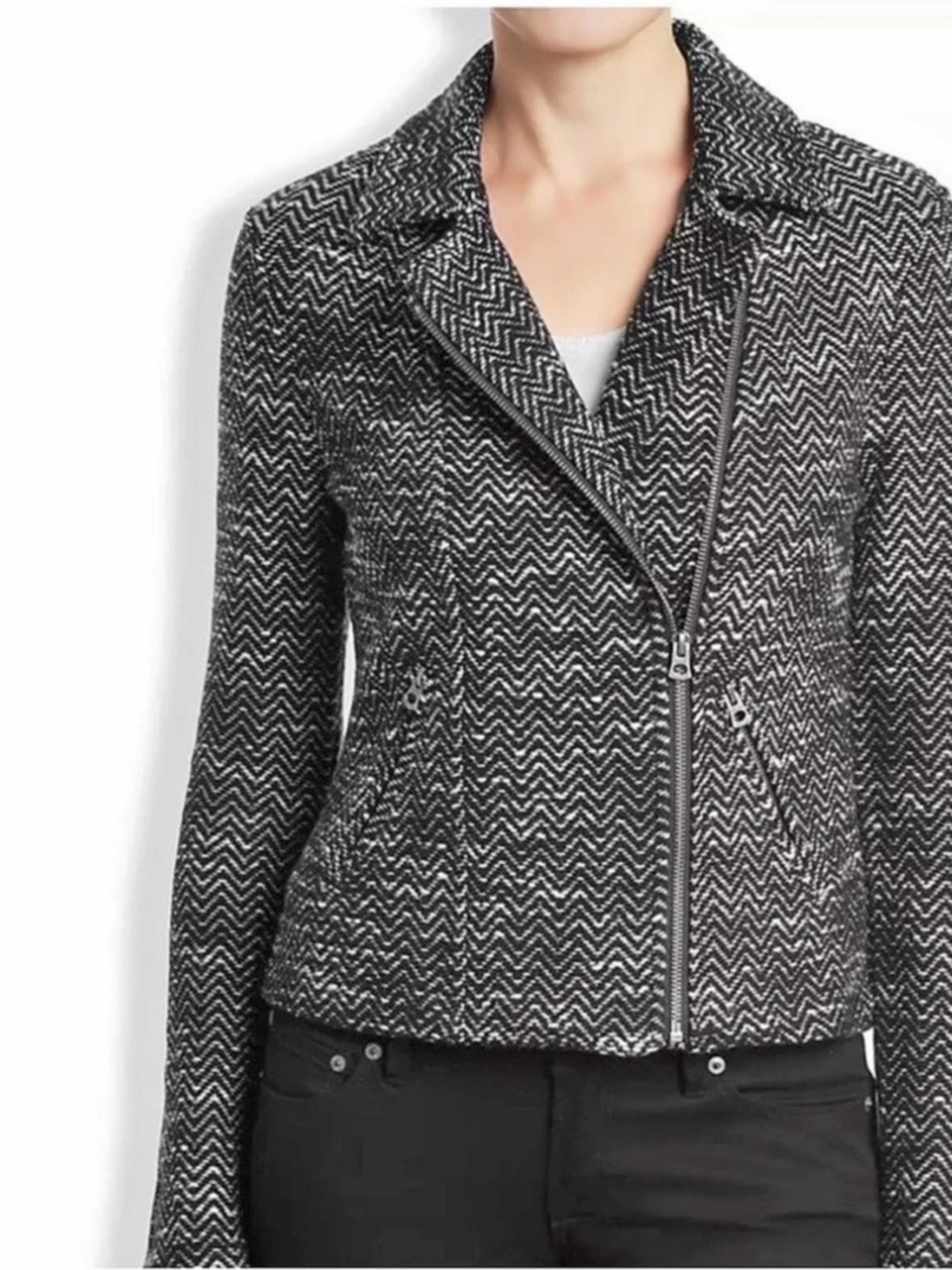 Lucky Brand Chevron Asymmetric Zip Biker Jacket Black & White